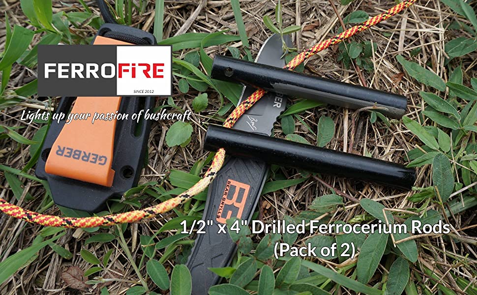 FERROFIRE 1/2" x 4'' Drilled Ferro Rods ,Flint Steel ,Ferrocerium Rod with Lanyard Hole