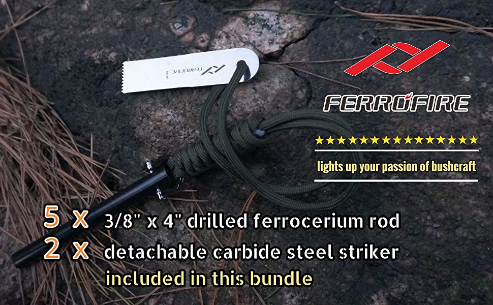 FERROFIRE 3/8" x 4" Drilled Ferro Rods Flint Steel Ferrocerium Rod， perfect fire starter， bushcraft, hiking, survival, emergency, camping, fishing ，Lanyard Hole for Paracord