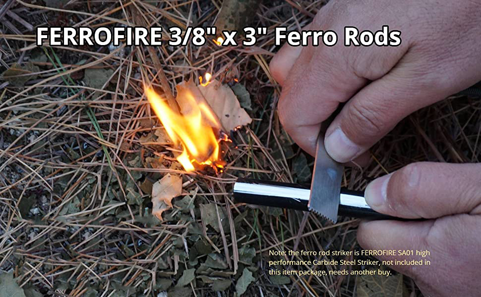 FERROFIRE 3/8" x 3" Drilled Ferro Rods Flint Steel Ferrocerium Rod， perfect fire starter， bushcraft, hiking, survival, emergency, camping, fishing